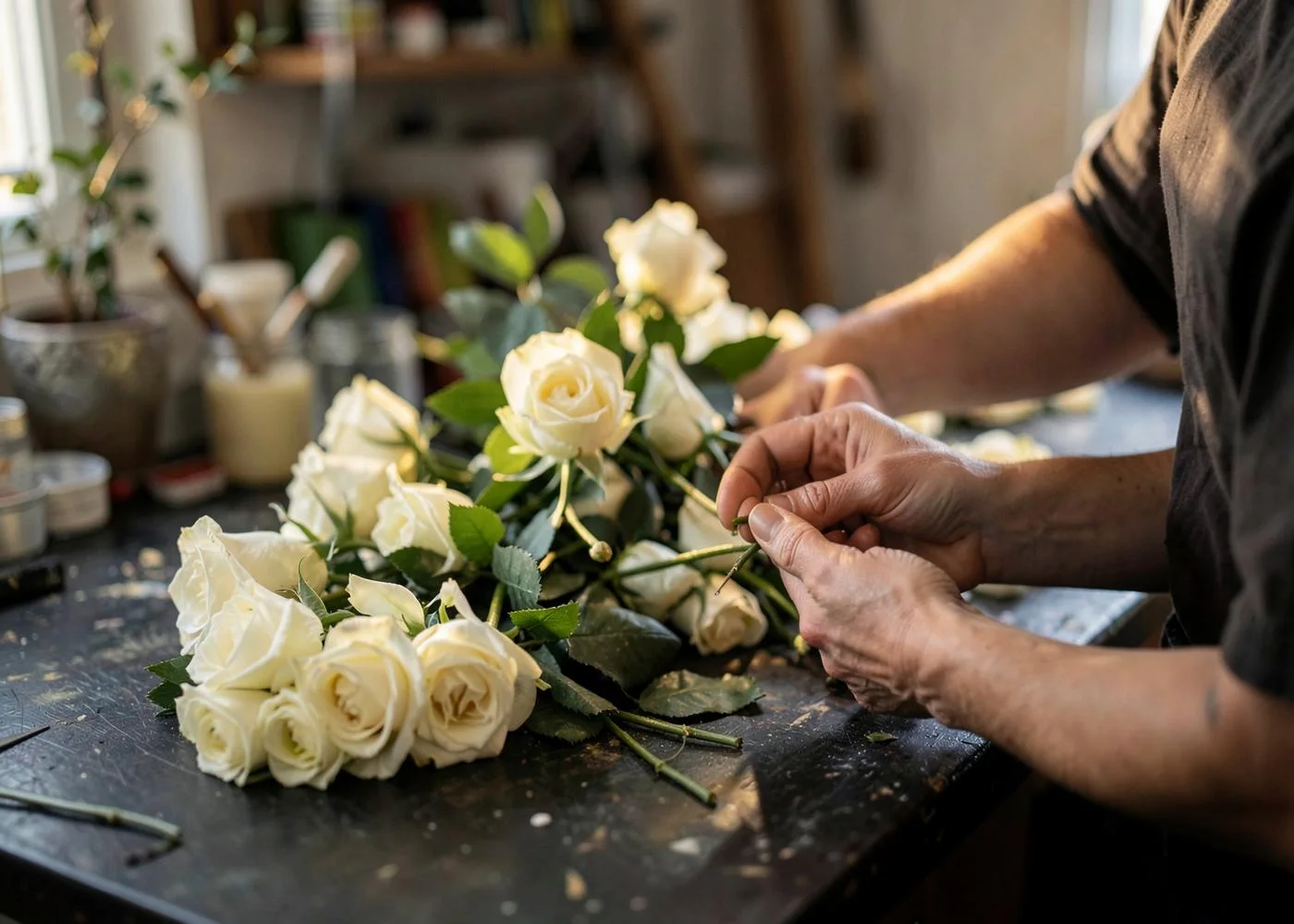 Hands tying a bouquet of ivory roses on the studio workbench