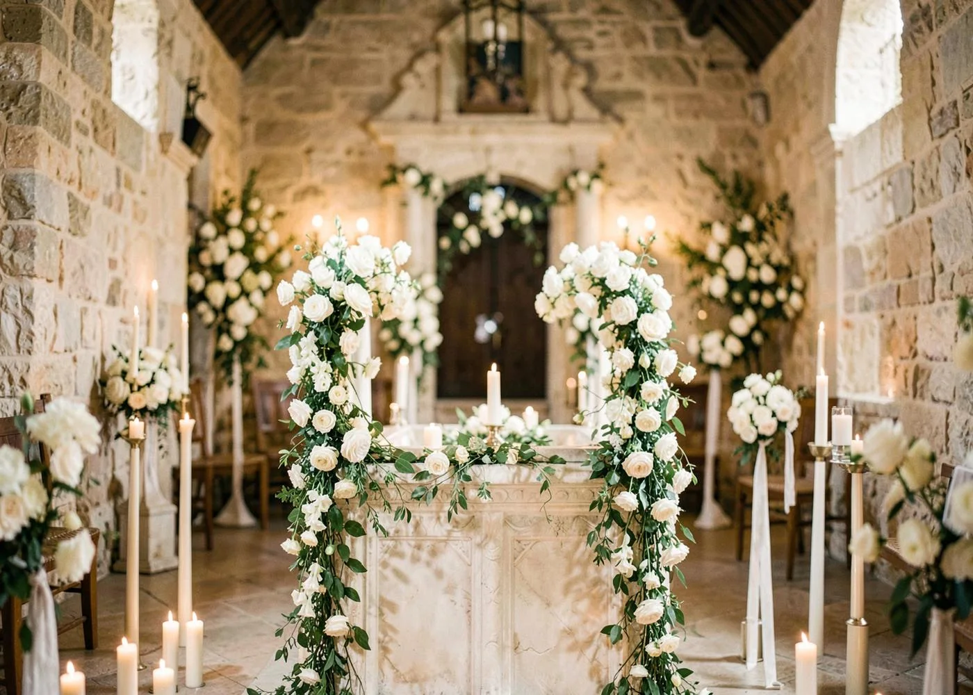 White roses and trailing greenery at a stone church entrance