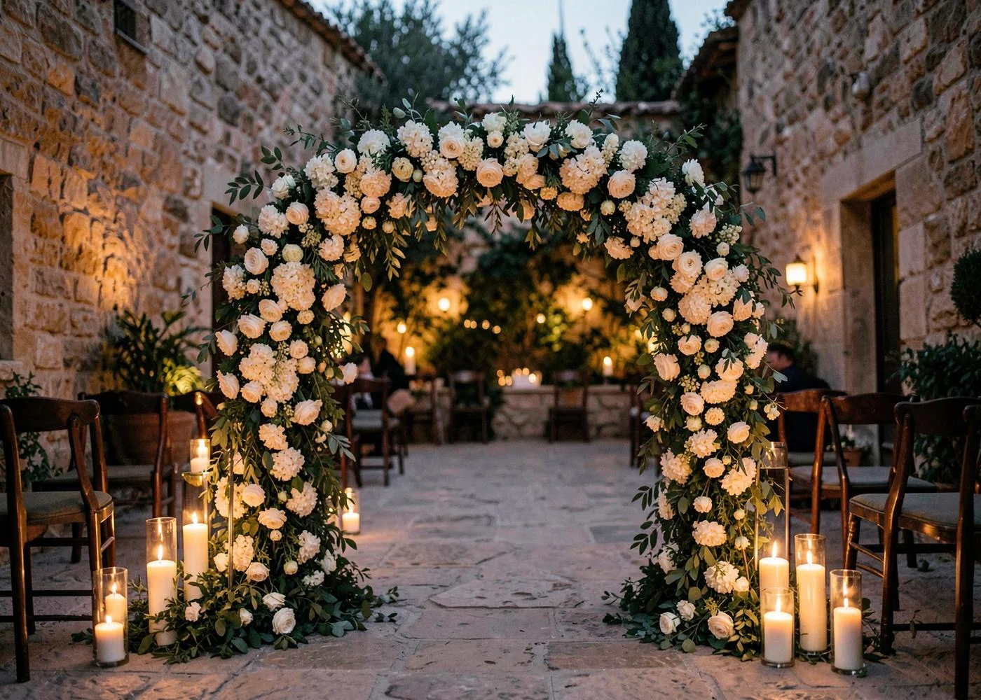 An arch of ivory roses in a candlelit stone courtyard