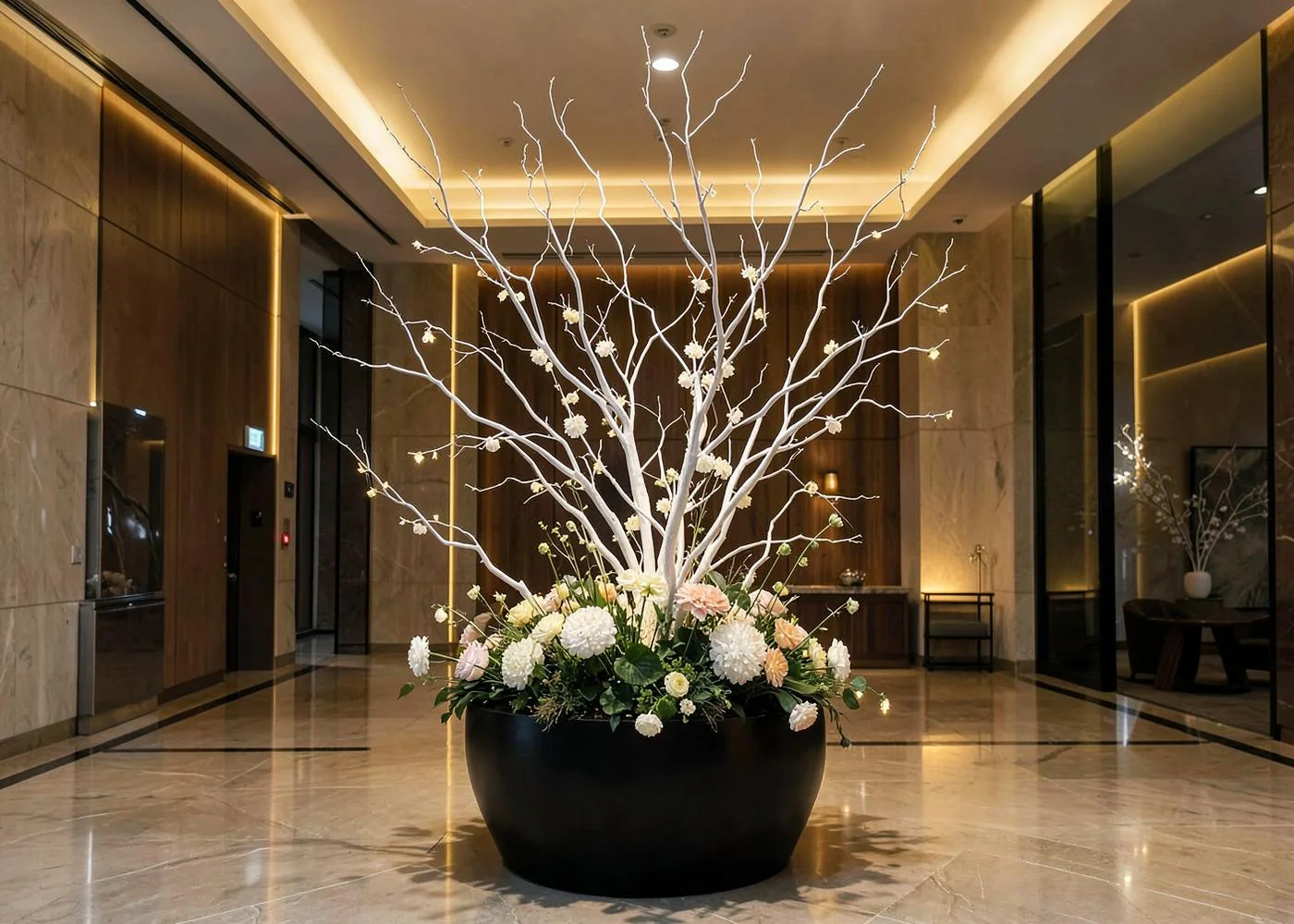 A white branch installation in a black vessel in a hotel lobby