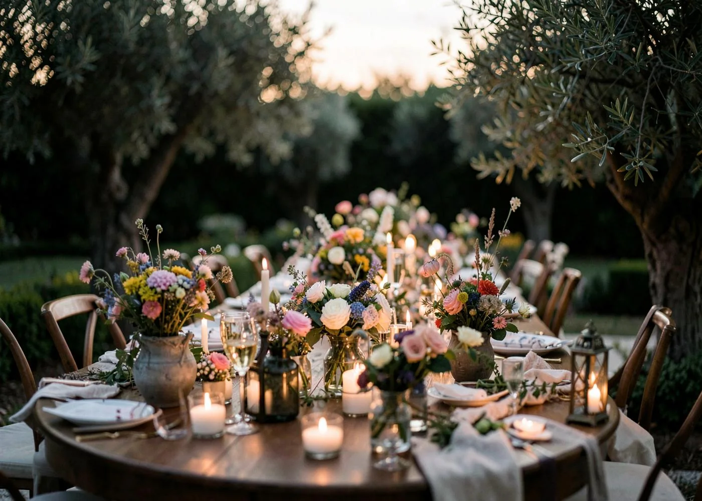 A garden table with colourful flowers and lanterns under olive trees