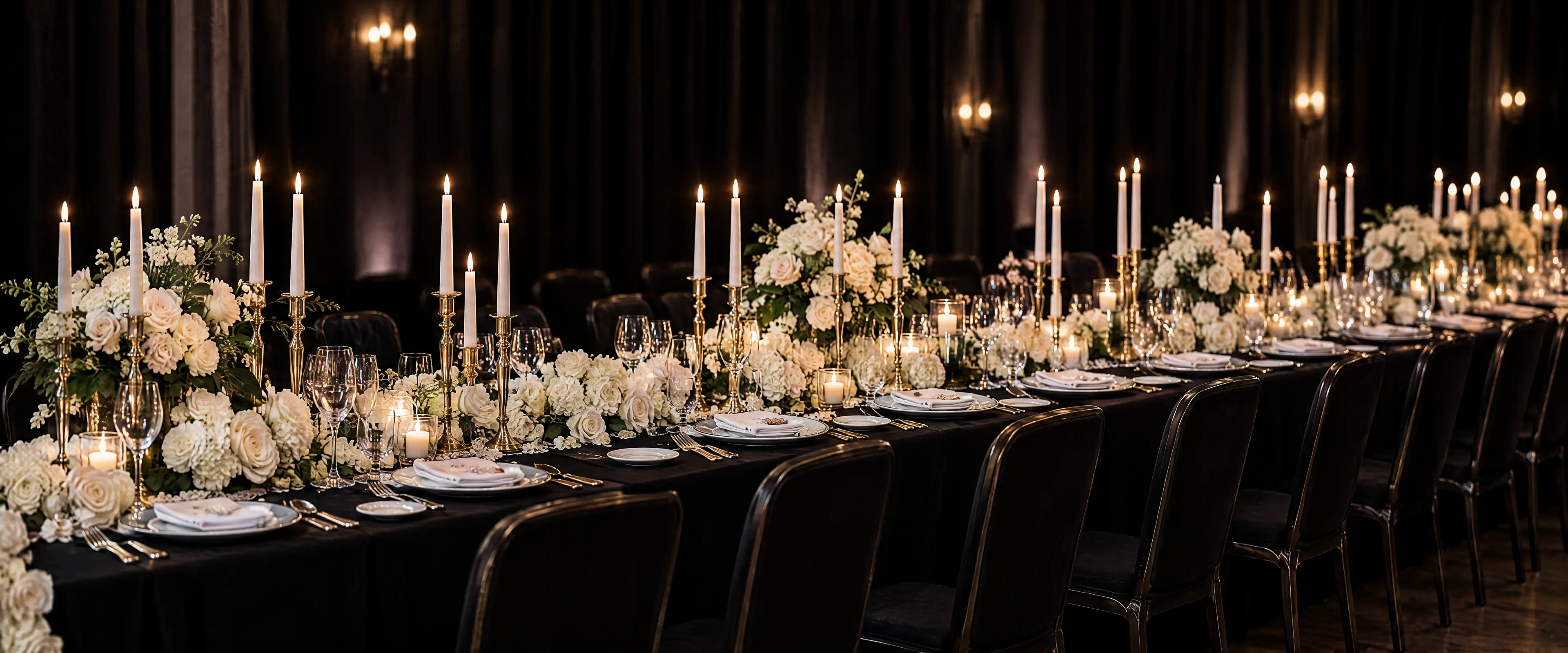 A long black tie dinner table with ivory rose runners, brass candlesticks and lit taper candles